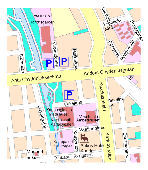 There is plenty of parking space around the Kokkola City Hall. There are large parking areas, especially in the courtyard of the nearby Sports Hall.